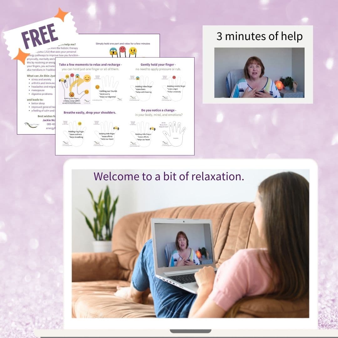 Main image: view from behind, woman reclining on a brown couch with a laptop on her lap showing Jackie McGloughlin sharing self-help tips, secondary images: 2 pages of mini self-help guide for JSJ holds; banner in upper left corner saying FREE and another image top right with words 3 minutes of help showing Jackie explaining JSJ holds