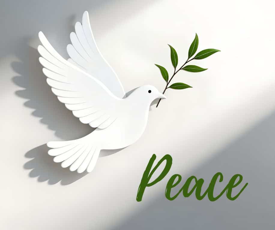 Stylised image of dove with branch in flight over a white and grey background and the word peace in the lower right hand corner